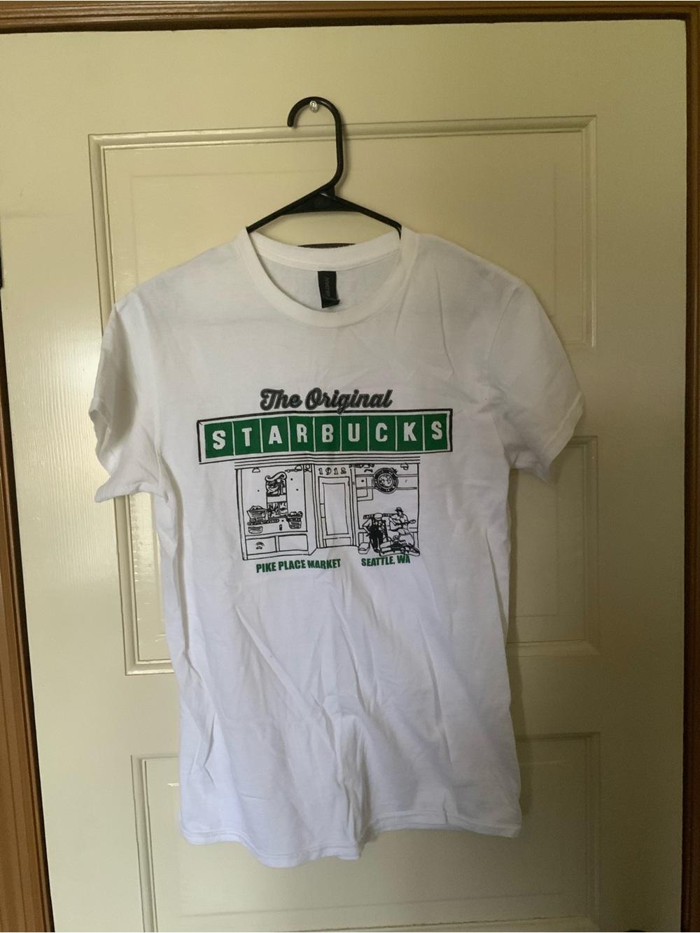 Gildan White Tee with Green Starbucks Graphic